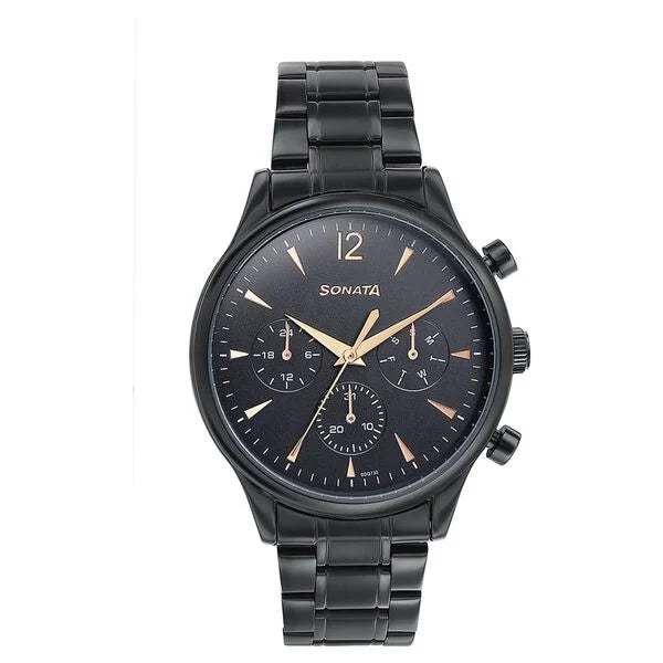 Sonata Quartz Multifunction Black Dial Black Stainless Steel Strap Watch For Men 77146nm01 - KRISHNA WATCH COMPANY