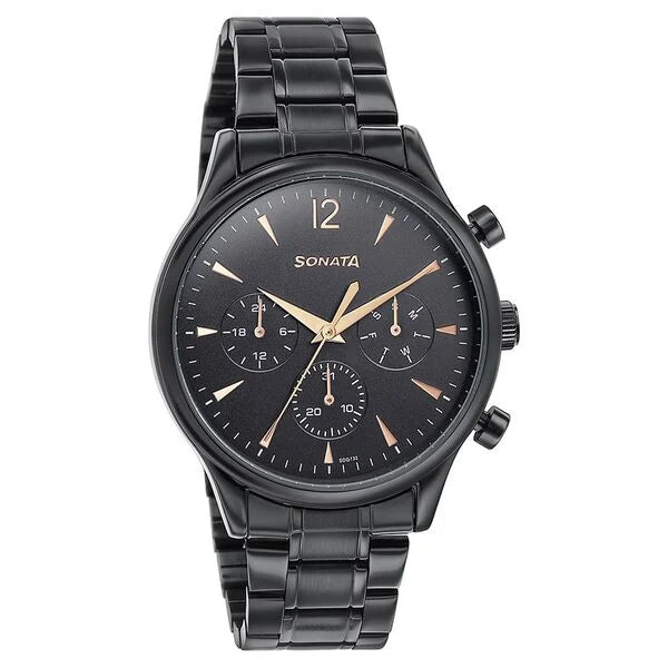 Sonata Quartz Multifunction Black Dial Black Stainless Steel Strap Watch For Men 77146nm01 - KRISHNA WATCH COMPANY