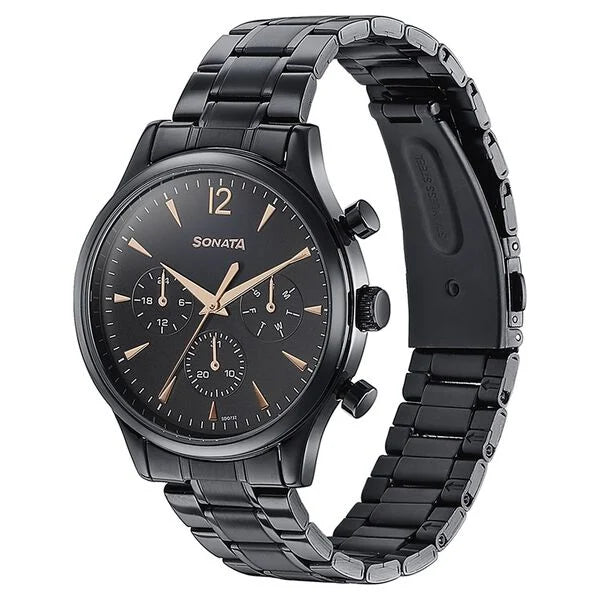 Sonata Quartz Multifunction Black Dial Black Stainless Steel Strap Watch For Men 77146nm01 - KRISHNA WATCH COMPANY