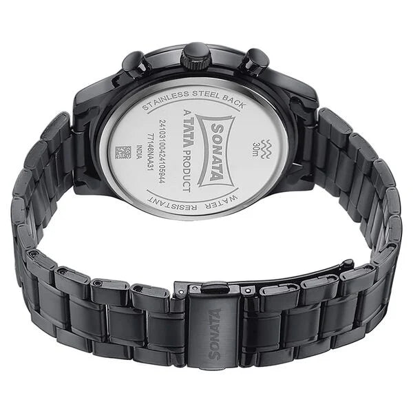 Sonata Quartz Multifunction Black Dial Black Stainless Steel Strap Watch For Men 77146nm01 - KRISHNA WATCH COMPANY