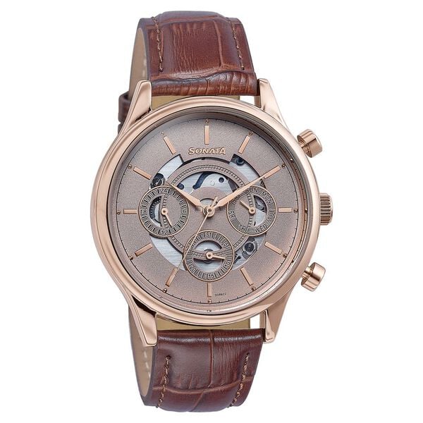 Sonata Wedding Edit Quartz Multifunction Pink Dial Leather Strap Watch For Men 77146wl01 - KRISHNA WATCH COMPANY