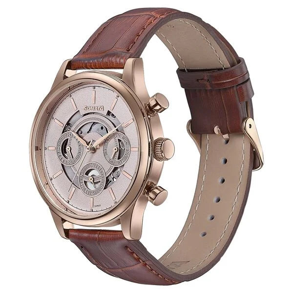 Sonata Wedding Edit Quartz Multifunction Pink Dial Leather Strap Watch For Men 77146wl01 - KRISHNA WATCH COMPANY