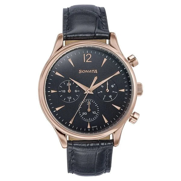 Sonata Wedding Edit Quartz Multifunction Black Dial Leather Strap Watch For Men 77146wl02 - KRISHNA WATCH COMPANY