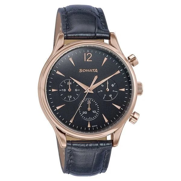 Sonata Wedding Edit Quartz Multifunction Black Dial Leather Strap Watch For Men 77146wl02 - KRISHNA WATCH COMPANY