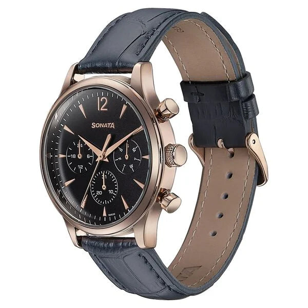 Sonata Wedding Edit Quartz Multifunction Black Dial Leather Strap Watch For Men 77146wl02 - KRISHNA WATCH COMPANY