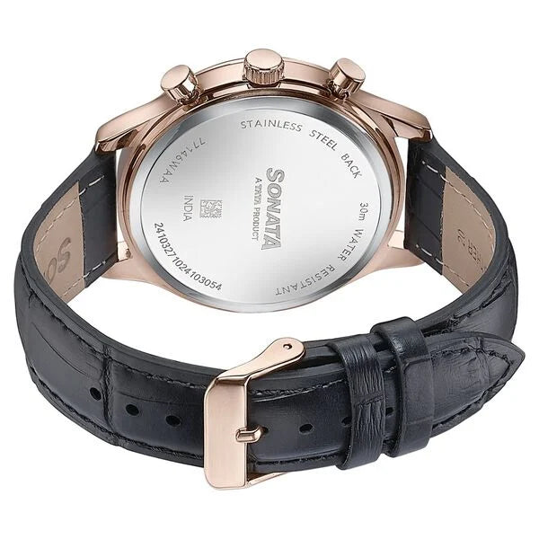 Sonata Wedding Edit Quartz Multifunction Black Dial Leather Strap Watch For Men 77146wl02 - KRISHNA WATCH COMPANY