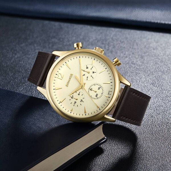 Sonata Quartz Multifunction Golden Dial Brown Leather Strap Watch For Men 77146yl01 - KRISHNA WATCH COMPANY
