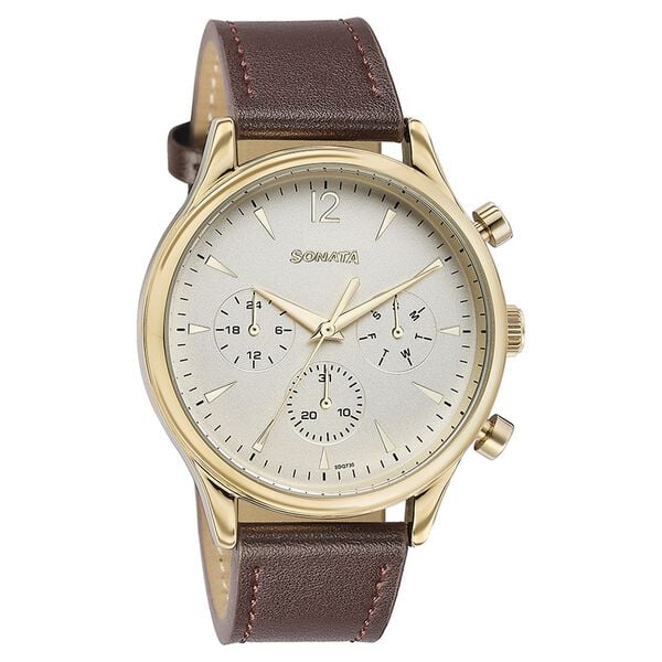 Sonata Quartz Multifunction Golden Dial Brown Leather Strap Watch For Men 77146yl01 - KRISHNA WATCH COMPANY
