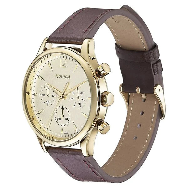 Sonata Quartz Multifunction Golden Dial Brown Leather Strap Watch For Men 77146yl01 - KRISHNA WATCH COMPANY