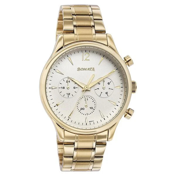 Sonata Quartz Multifunction White Dial Golden Stainless Steel Strap Watch For Men 77146ym01 - KRISHNA WATCH COMPANY