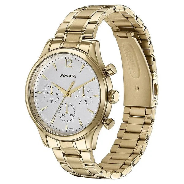 Sonata Quartz Multifunction White Dial Golden Stainless Steel Strap Watch For Men 77146ym01 - KRISHNA WATCH COMPANY