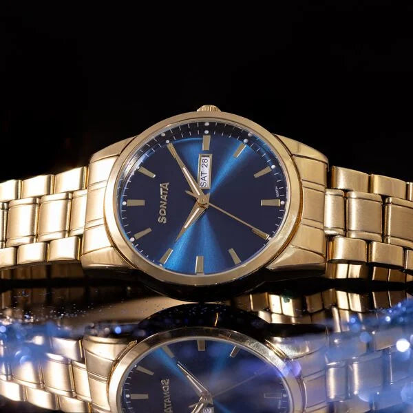 Sonata Quartz Analog with Day and Date Blue Dial Golden Stainless Steel Strap Watch For Men 77147ym01 - KRISHNA WATCH COMPANY