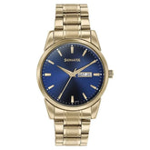 Sonata Quartz Analog with Day and Date Blue Dial Golden Stainless Steel Strap Watch For Men 77147ym01