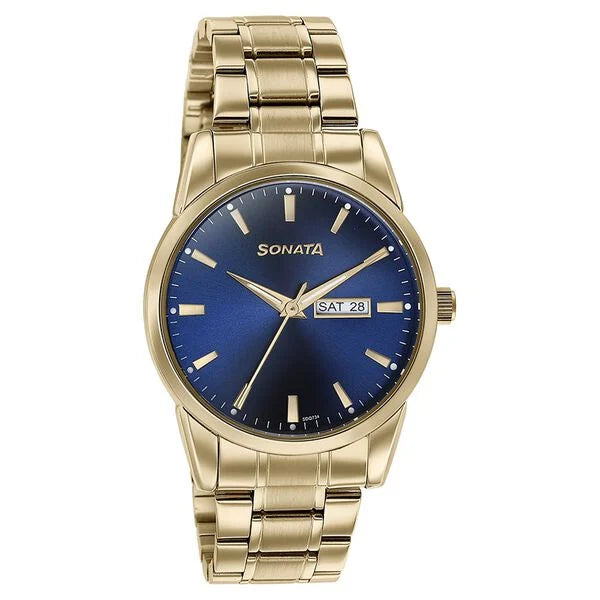 Sonata Quartz Analog with Day and Date Blue Dial Golden Stainless Steel Strap Watch For Men 77147ym01 - KRISHNA WATCH COMPANY