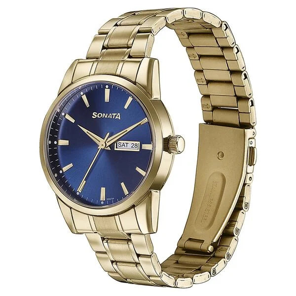 Sonata Quartz Analog with Day and Date Blue Dial Golden Stainless Steel Strap Watch For Men 77147ym01 - KRISHNA WATCH COMPANY
