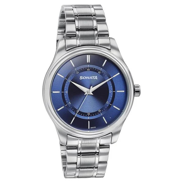 Sonata Quartz Analog Blue Dial Silver Watch For Men -77149SM01 - KRISHNA WATCH COMPANY