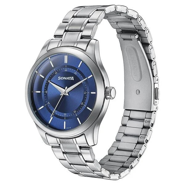 Sonata Quartz Analog Blue Dial Silver Watch For Men -77149SM01 - KRISHNA WATCH COMPANY