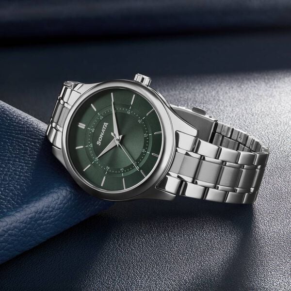 Sonata Quartz Analog Green Dial Silver Watch For Men - 77149SM02 - KRISHNA WATCH COMPANY