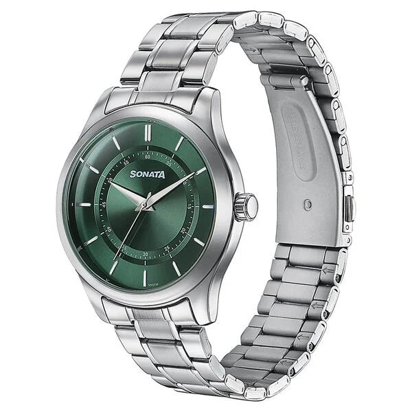 Sonata Quartz Analog Green Dial Silver Watch For Men - 77149SM02 - KRISHNA WATCH COMPANY