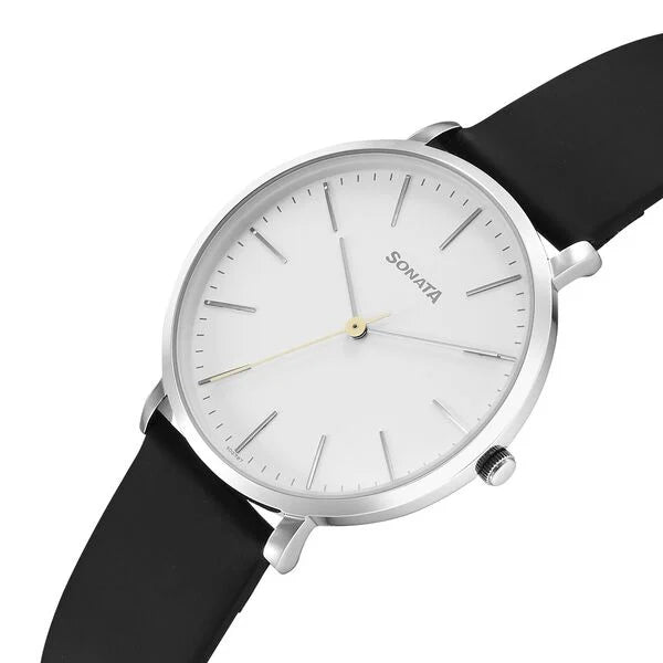 Sonata Ascent Quartz Analog White Dial Leather Strap Watch For Men - 77150SL01 - KRISHNA WATCH COMPANY