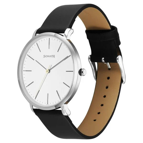 Sonata Ascent Quartz Analog White Dial Leather Strap Watch For Men - 77150SL01 - KRISHNA WATCH COMPANY
