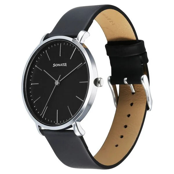Sonata Ascent Quartz Analog Black Dial Leather Strap Watch For Men 77150sl02 - KRISHNA WATCH COMPANY