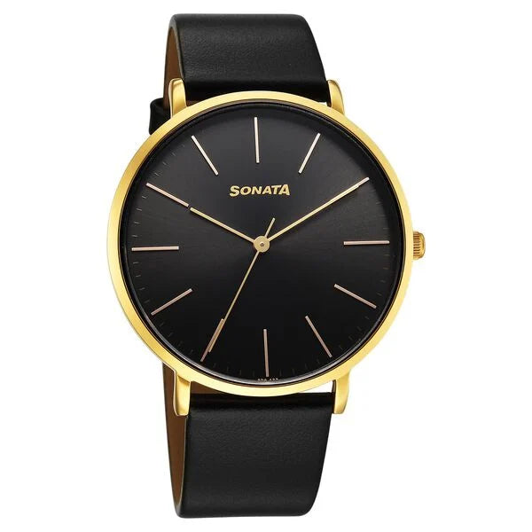 Sonata Traditional Essentials Black Dial Watch For Men - 77150YL02W - KRISHNA WATCH COMPANY