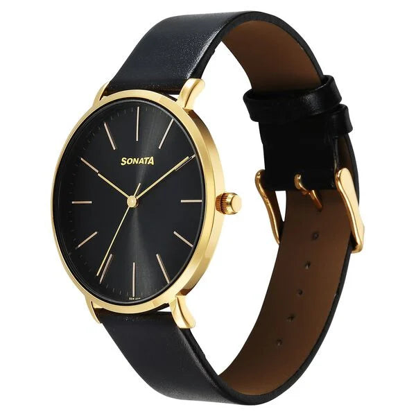 Sonata Traditional Essentials Black Dial Watch For Men - 77150YL02W - KRISHNA WATCH COMPANY