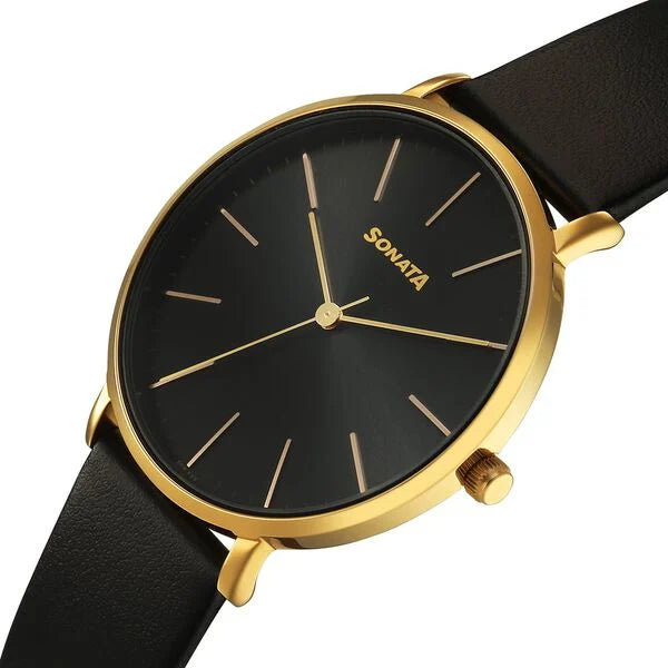 Sonata Traditional Essentials Black Dial Watch For Men - 77150YL02W - KRISHNA WATCH COMPANY