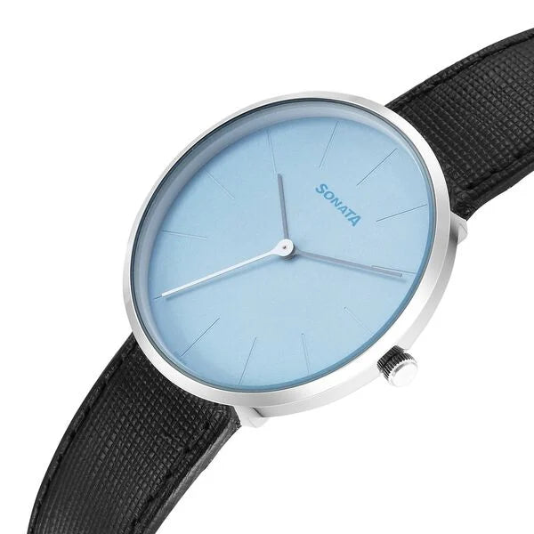 Sonata Ascent Quartz Analog Blue Dial Leather Strap Watch For Men 77152sl03 - KRISHNA WATCH COMPANY