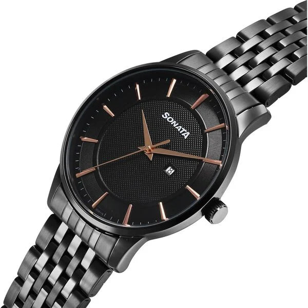 Sonata Wedding Quartz Analog Black Dial Stainless Steel Strap Watch For Men 77153nm01 - KRISHNA WATCH COMPANY