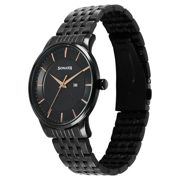 Sonata Wedding Quartz Analog Black Dial Stainless Steel Strap Watch For Men 77153nm01 - KRISHNA WATCH COMPANY