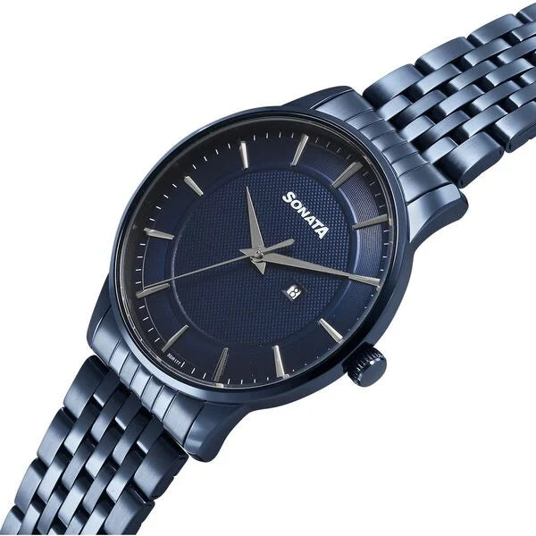 Sonata Wedding Quartz Analog Blue Dial Stainless Steel Strap Watch For Men 77153qm01 - KRISHNA WATCH COMPANY
