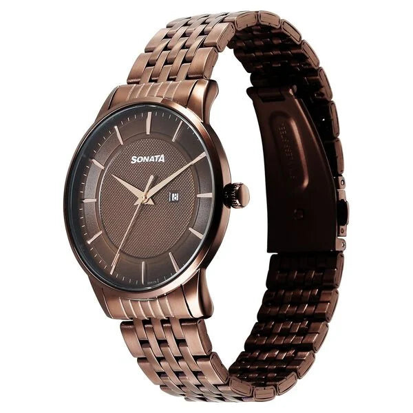 Sonata Wedding Quartz Analog Brown Dial Stainless Steel Strap Watch For Men 77153qm02 - KRISHNA WATCH COMPANY