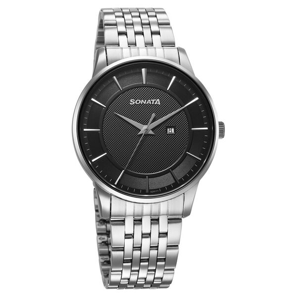Sonata Wedding Quartz Analog Black Dial Stainless Steel Strap Watch For Men 77153sm01 - KRISHNA WATCH COMPANY
