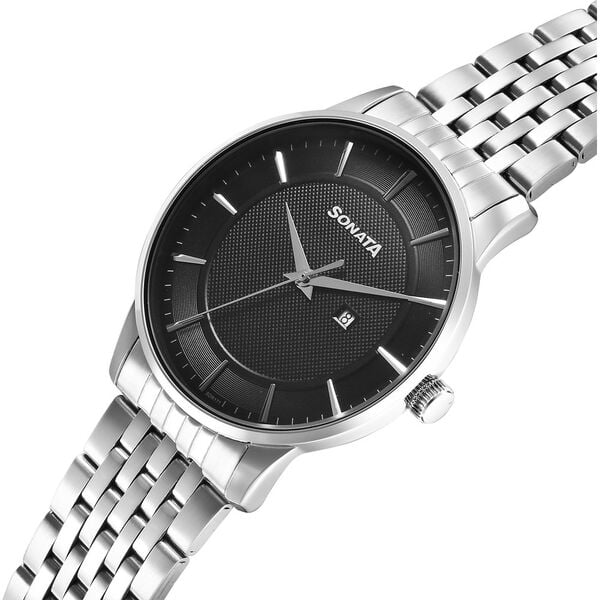 Sonata Wedding Quartz Analog Black Dial Stainless Steel Strap Watch For Men 77153sm01 - KRISHNA WATCH COMPANY