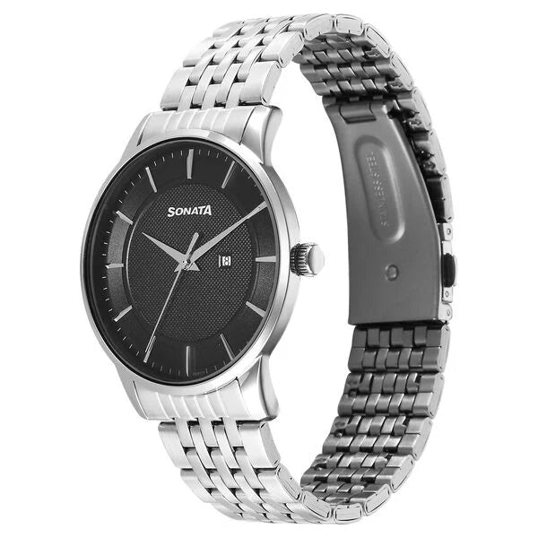 Sonata Wedding Quartz Analog Black Dial Stainless Steel Strap Watch For Men 77153sm01 - KRISHNA WATCH COMPANY