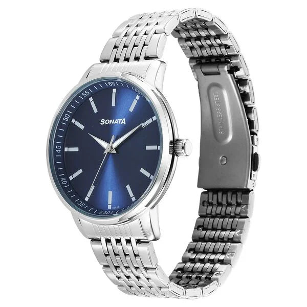 Sonata Wedding Quartz Analog Blue Dial Stainless Steel Strap Watch For Men 77156sm01 - KRISHNA WATCH COMPANY
