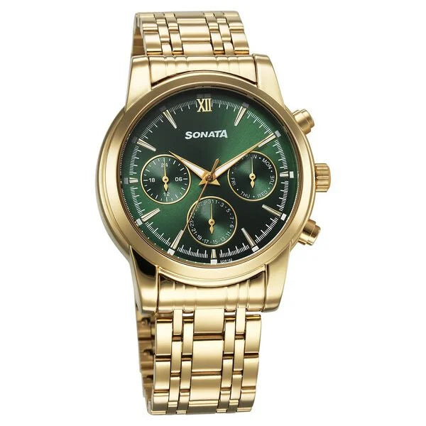 Sonata Wedding Multifunction Green Dial Stainless Steel Strap Watch For Men 77158ym01 - KRISHNA WATCH COMPANY