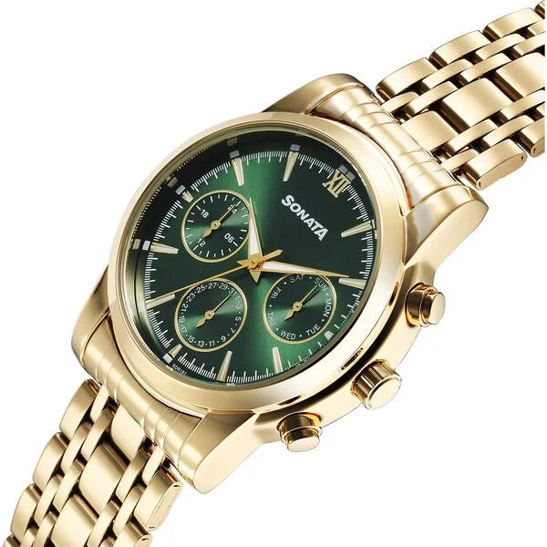 Sonata Wedding Multifunction Green Dial Stainless Steel Strap Watch For Men 77158ym01 - KRISHNA WATCH COMPANY