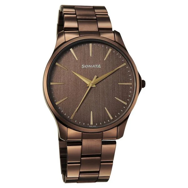 Sonata Traditional Essentials Brown Dial Watch For Men - 77163QM01W - KRISHNA WATCH COMPANY