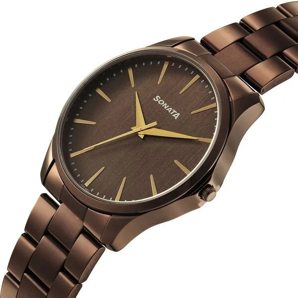 Sonata Traditional Essentials Brown Dial Watch For Men - 77163QM01W - KRISHNA WATCH COMPANY