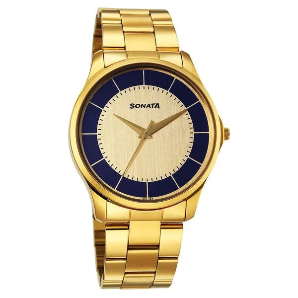 Sonata Traditional Essentials Multicoloured Dial Golden Watch For Men - 77163YM01W - KRISHNA WATCH COMPANY