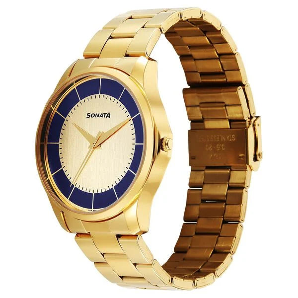 Sonata Traditional Essentials Multicoloured Dial Golden Watch For Men - 77163YM01W - KRISHNA WATCH COMPANY