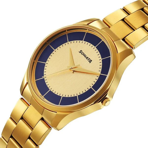 Sonata Traditional Essentials Multicoloured Dial Golden Watch For Men - 77163YM01W - KRISHNA WATCH COMPANY
