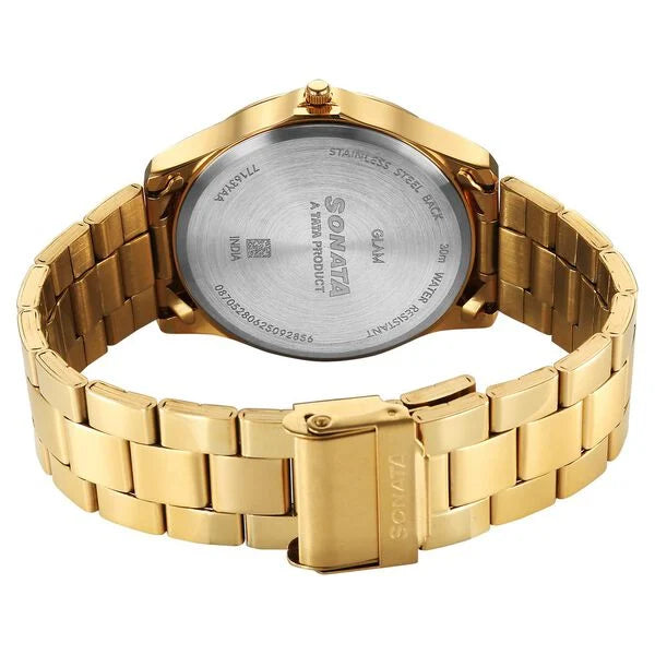 Sonata Traditional Essentials Multicoloured Dial Golden Watch For Men - 77163YM01W - KRISHNA WATCH COMPANY
