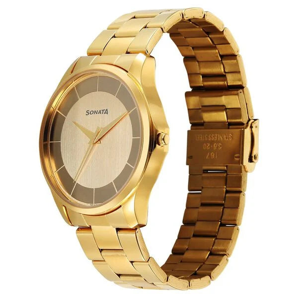 Sonata Traditional Essentials Multicoloured Dial Golden Watch For Men - 77163YM02W - KRISHNA WATCH COMPANY