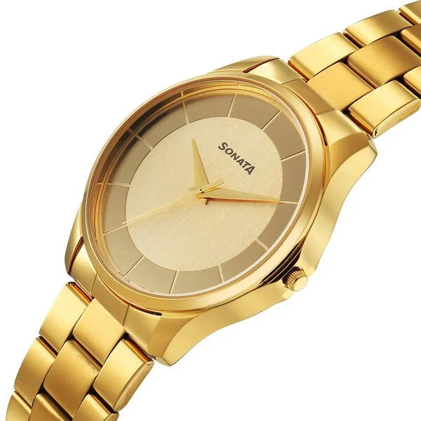 Sonata Traditional Essentials Multicoloured Dial Golden Watch For Men - 77163YM02W - KRISHNA WATCH COMPANY