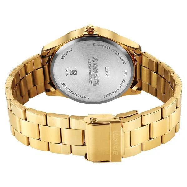 Sonata Traditional Essentials Multicoloured Dial Golden Watch For Men - 77163YM02W - KRISHNA WATCH COMPANY