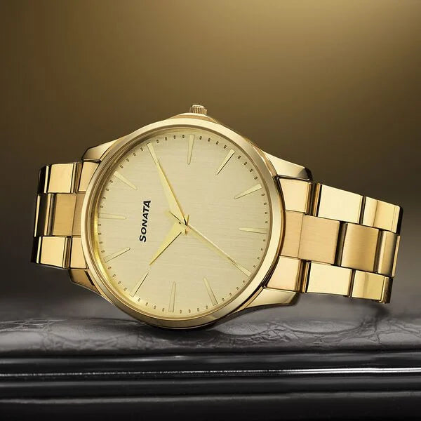 Sonata Traditional Essentials Champagne Dial Golden Watch For Men - 77163YM05W - KRISHNA WATCH COMPANY